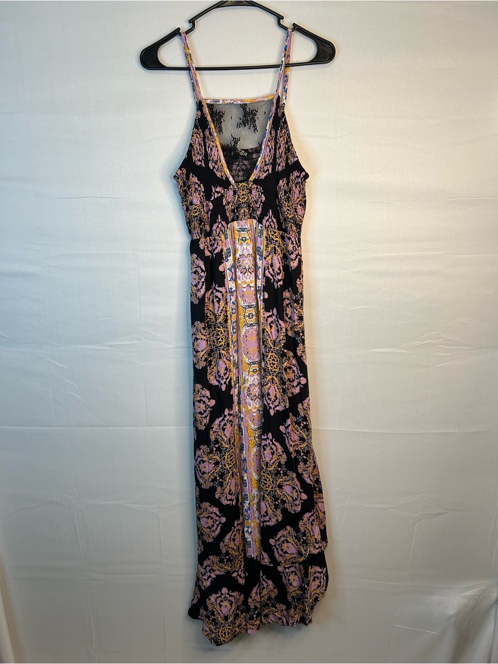 Free People‎ That Moment Ruffle Smocked Lace Trim Maxi Dress Black Combo S 133
